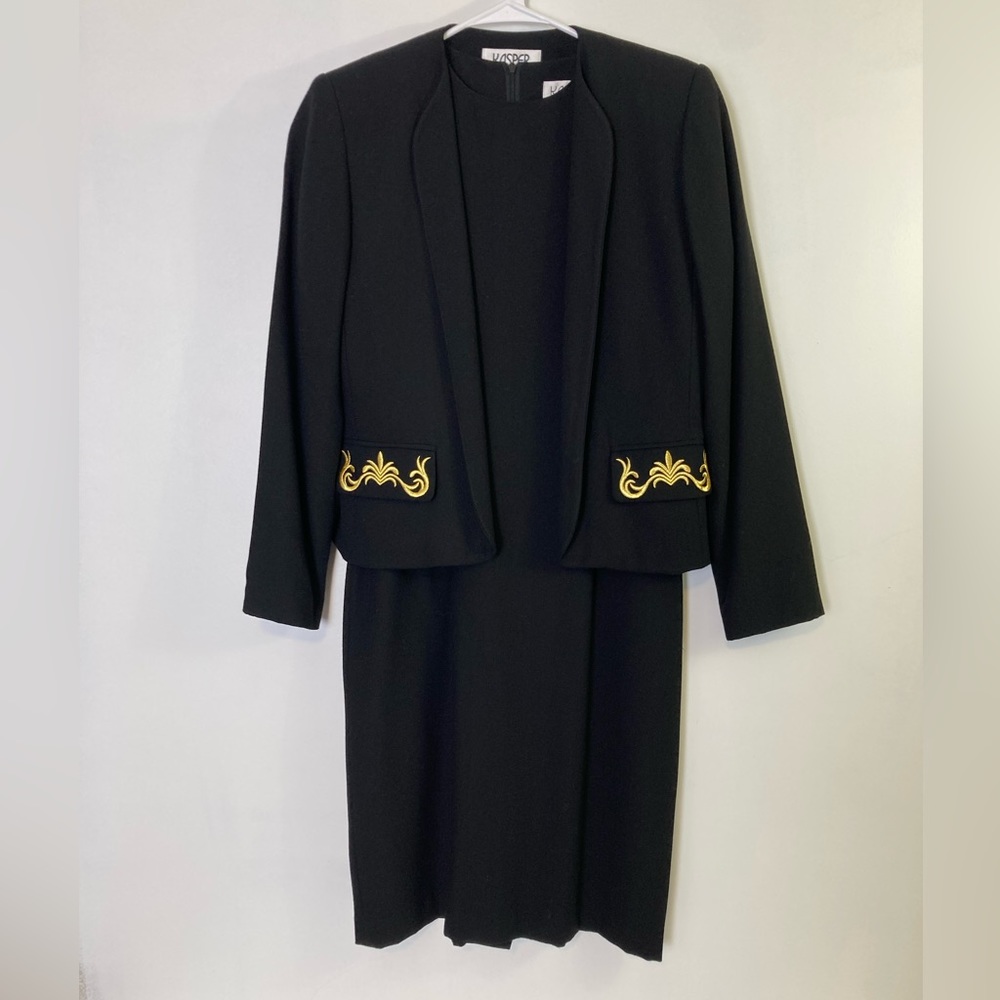 Kasper Women’s 2pc Black Dress- 1/2 Zip Back and Blazer- Gold Embroidery, Sz 4